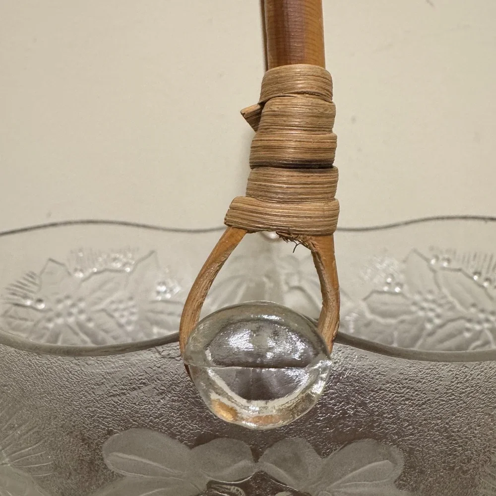 Vtg Frosted Clear Glass Holiday Basket Holly Berry Christmas Bells Woven Handle